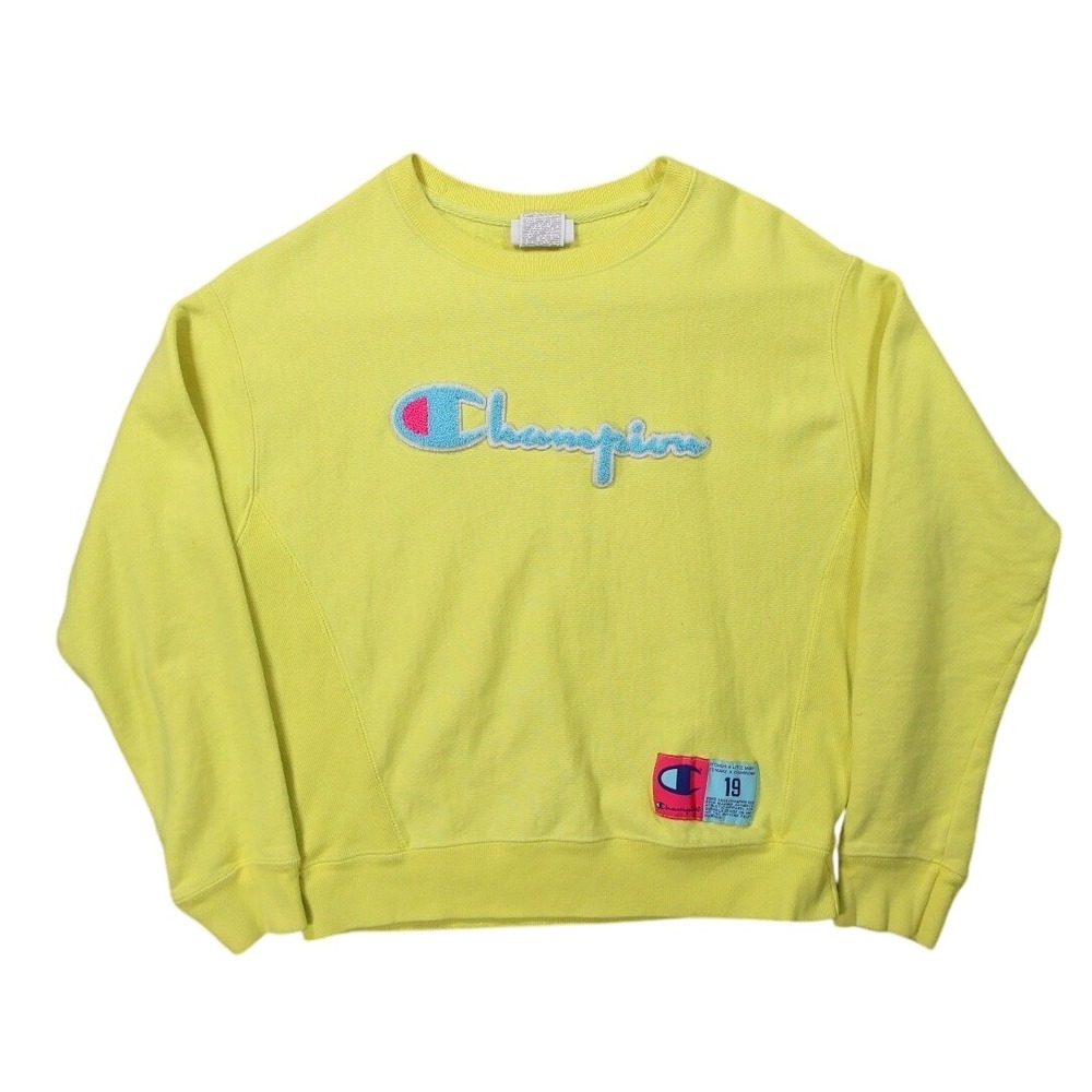 Champion Reverse‎ Weave Sweatshirt Womens Medium Yellow Excellent Chenille Logo